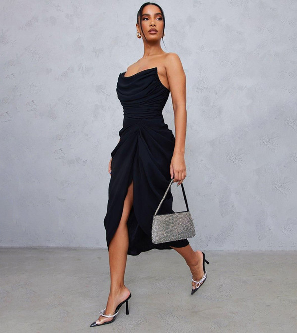 Chiffon Corset Strapless Draped Midi Dress