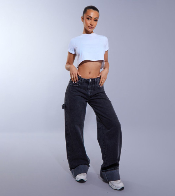 Petite Washed Wide Leg Jeans with Strap Detail