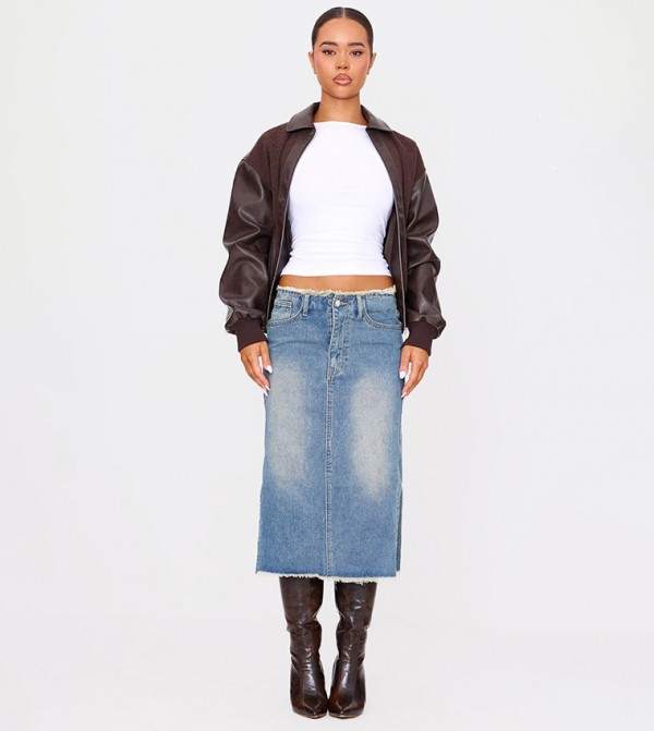 Vintage Washed Side Split Raw Hem Denim Midi Skirt