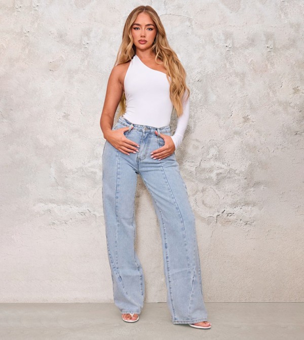 Washed Front Seam Detail Wide Leg Jeans