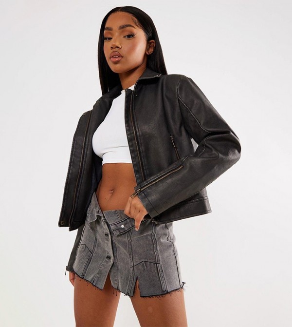 Distressed Look Faux Leather Boxy Fit Biker Jacket