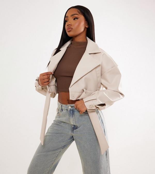 Belted Hem Crop Oversized Biker Jacket