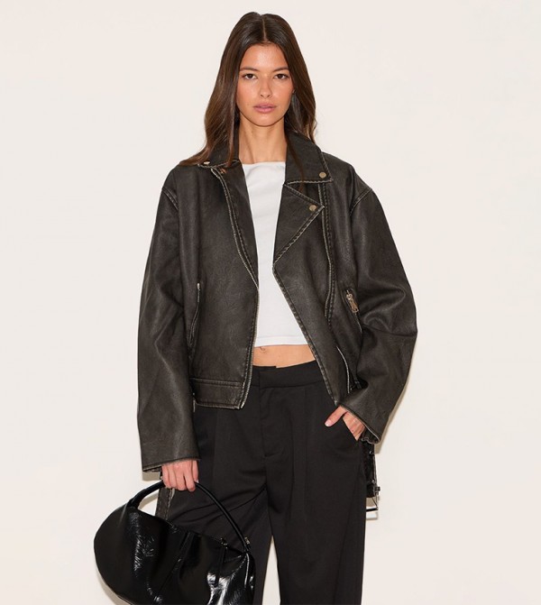 Vintage Faux Leather Zip-Up Oversized Biker Jacket