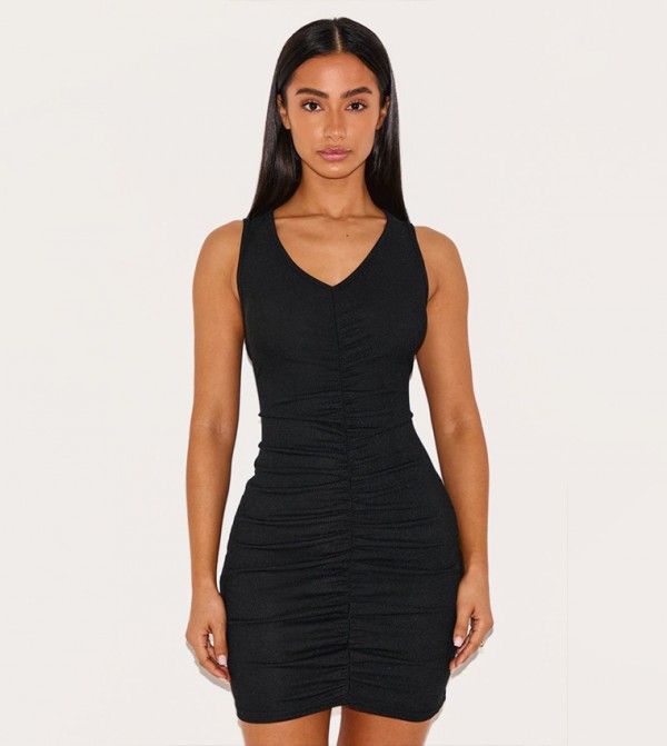 Petite Ribbed Ruched Bodycon Mini Dress