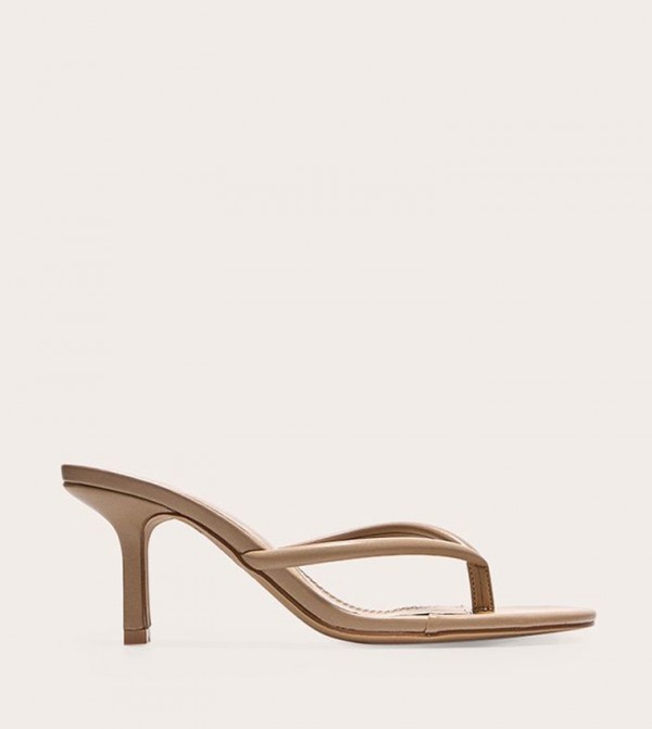 PU Round Toe Thong-Strap Heel Sandals