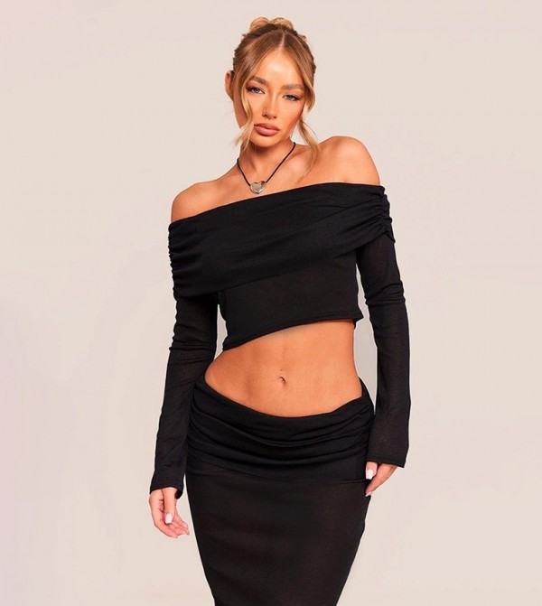 Sheer Mesh Foldover Hem Long Sleeves Bardot Top