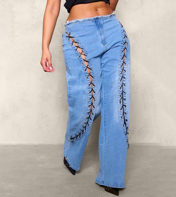 Shape Lace Up Front Raw Waist Wide Leg Jeans