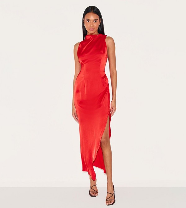 Satin High Neck Ruched Back Detail Midi Dress