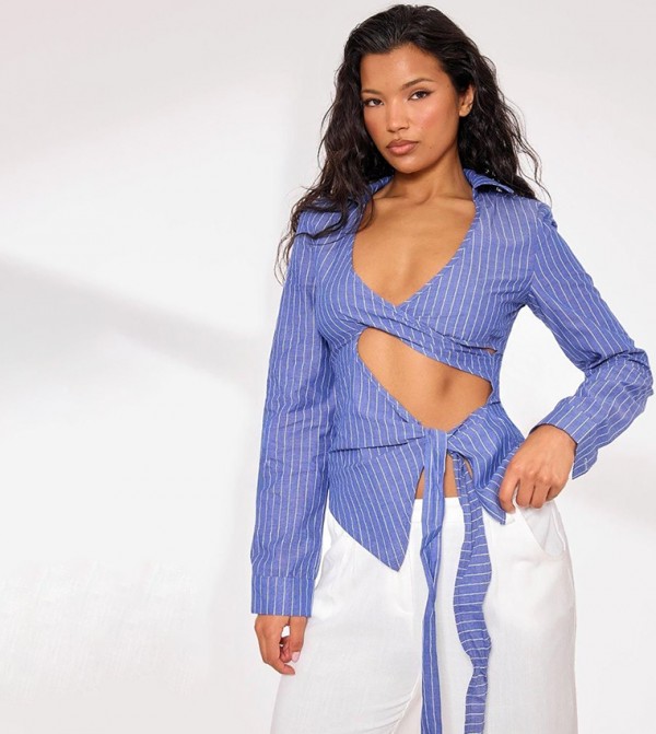 Pinstriped Tie Front Cut-Out Shirt