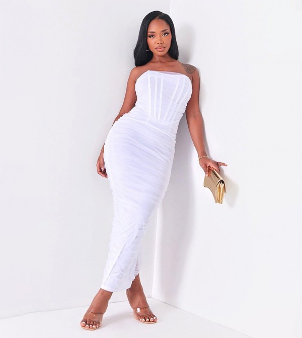 Shape Mesh Corset Strapless Maxi Dress