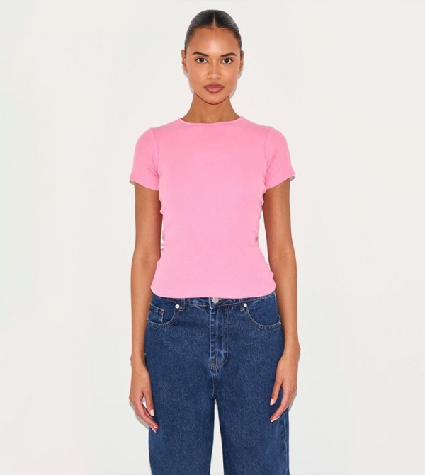 Ribbed Short Sleeves Casual T-Shirt