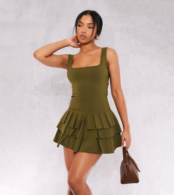 Pleated Stretch Square Neck Skort Playsuit