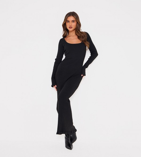 Ribbed Knit Piquet Hem Maxi Dress