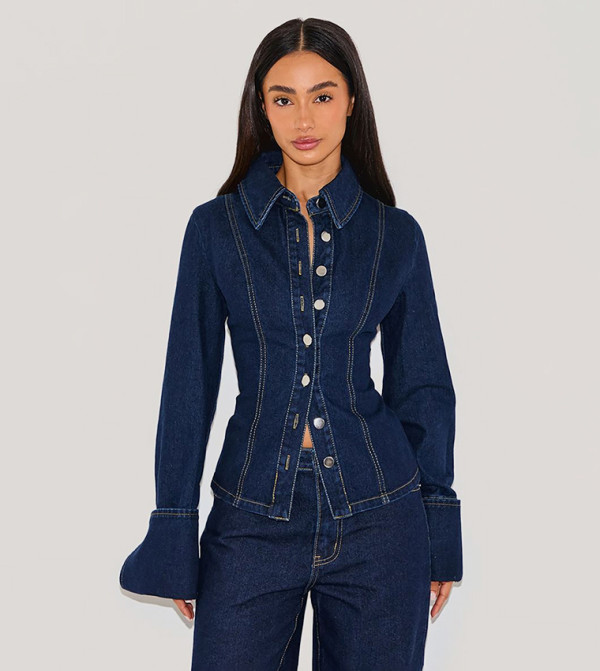 Petite Wash Long Sleeves Fitted Denim Shirt