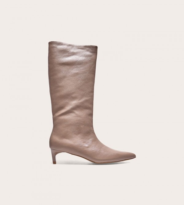 PU Pointed Toe Low Stiletto Knee High Heeled Boots
