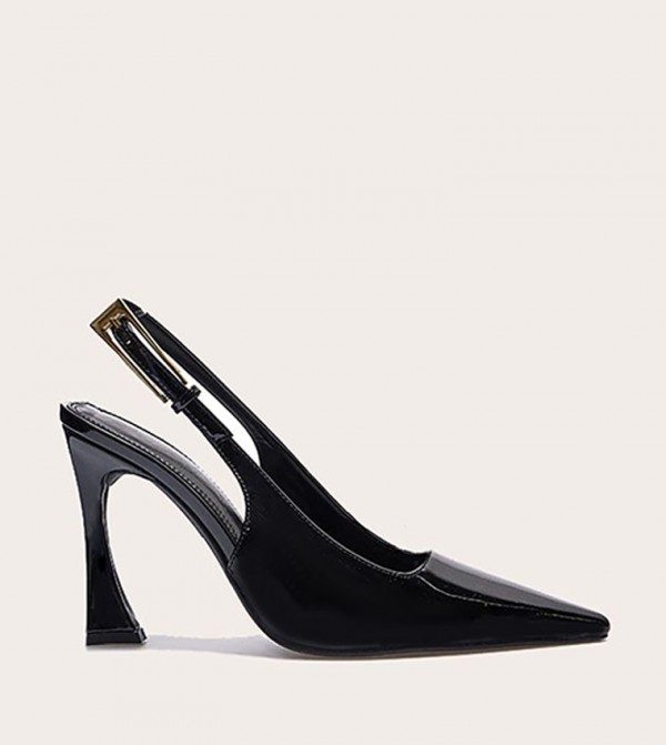 Patent PU Gold Buckle Heel Pumps