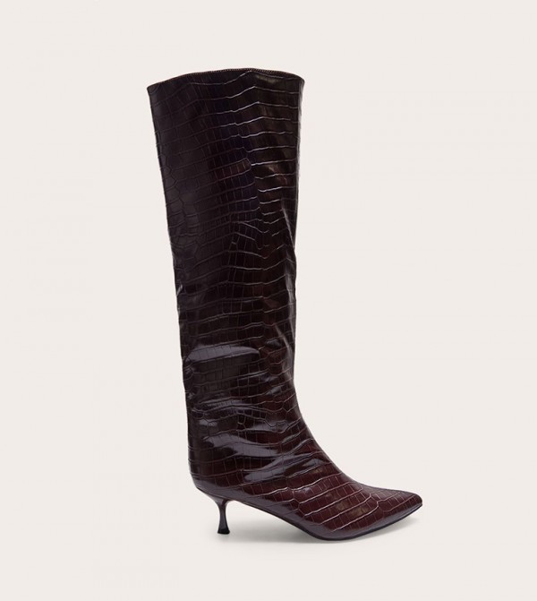 Croc Textured PU Pointed Toe Knee High Heeled Boots