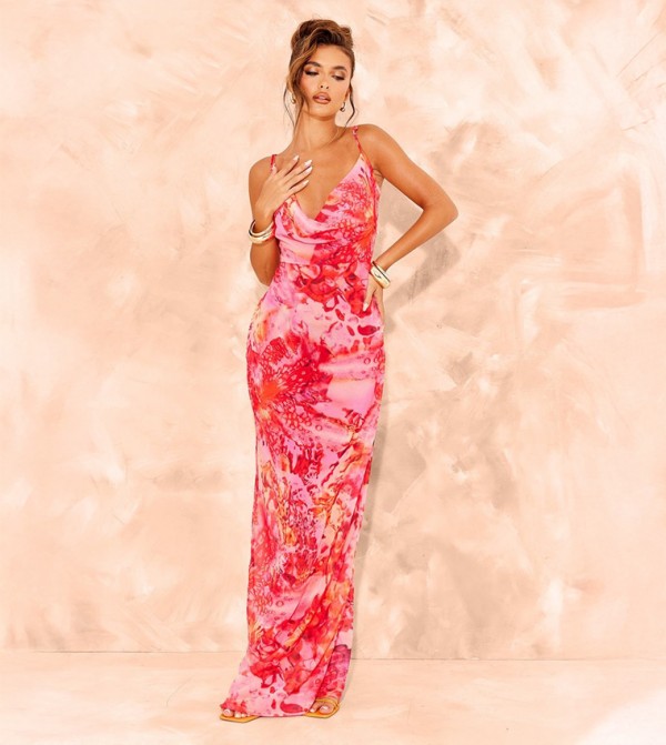 Floral Print Sheer Chiffon Lace Up Back Maxi Dress