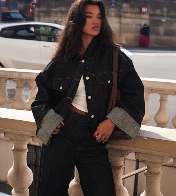 Washed Turn Up Cuff Contrast Stitch Denim Jacket