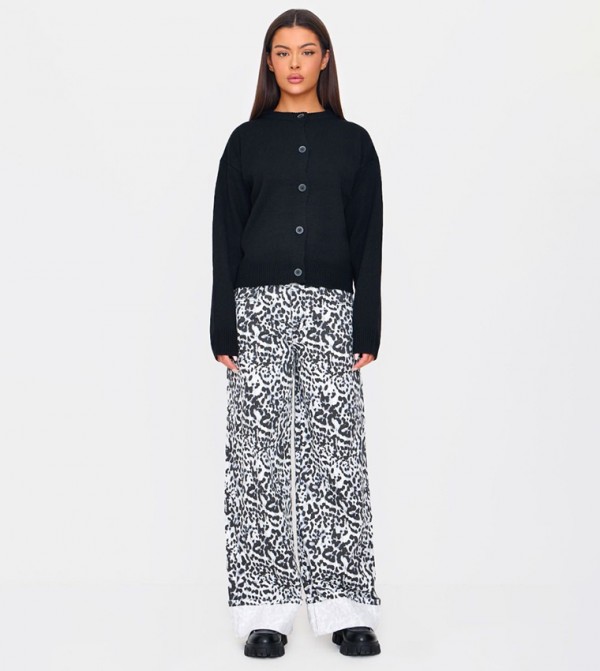 Leopard Print Turn Up Hem Wide Leg Jeans