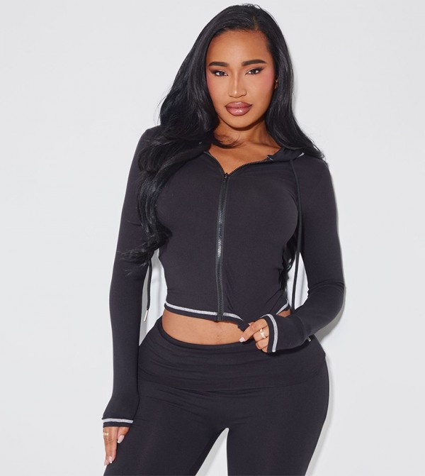 Shape Sculpted Contrast Stitch Zip Through Hooded Crop Jacket