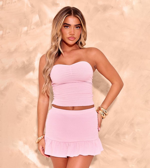 Textured Frill Hem Ruched Front Bandeau Top