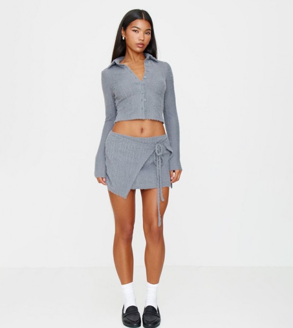 Brushed Texture Pleated Tie Side Mini Skirt