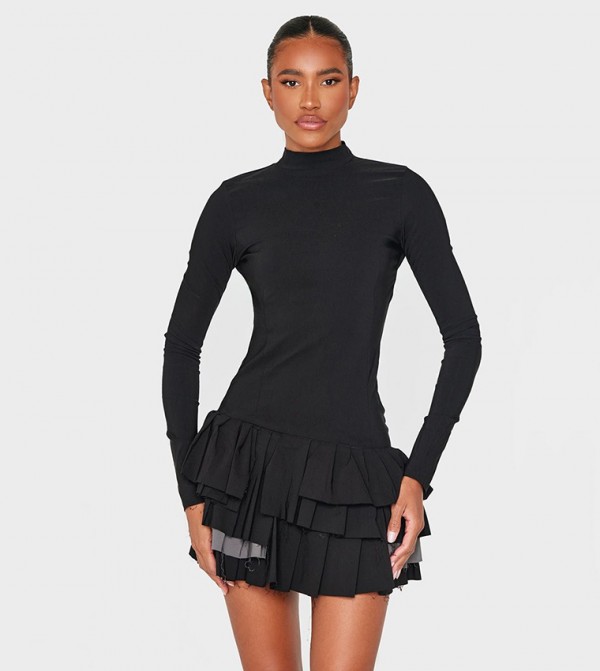 Stretch Extreme Pleated Long Sleeves Shift Mini Dress