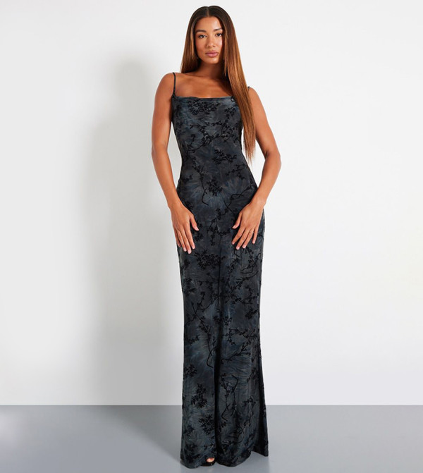 Devore Cowl Neck Lace Up Back Maxi Dress