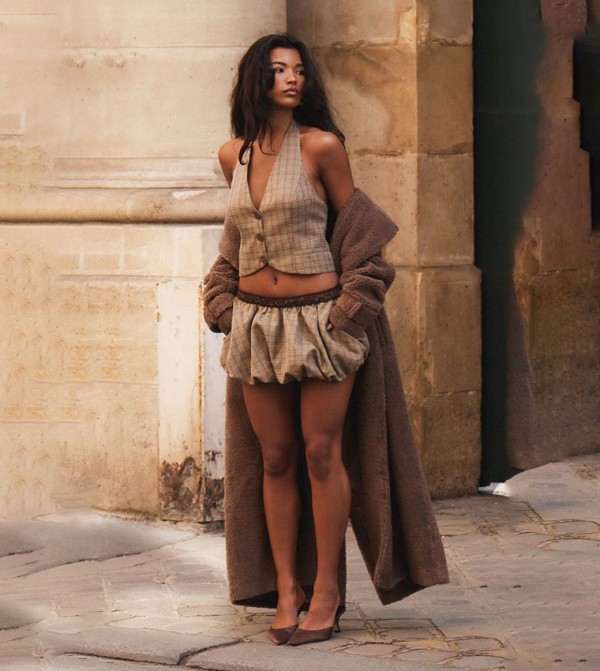 Check Woven Tailored Puff Ball Waistband Mini Skirt