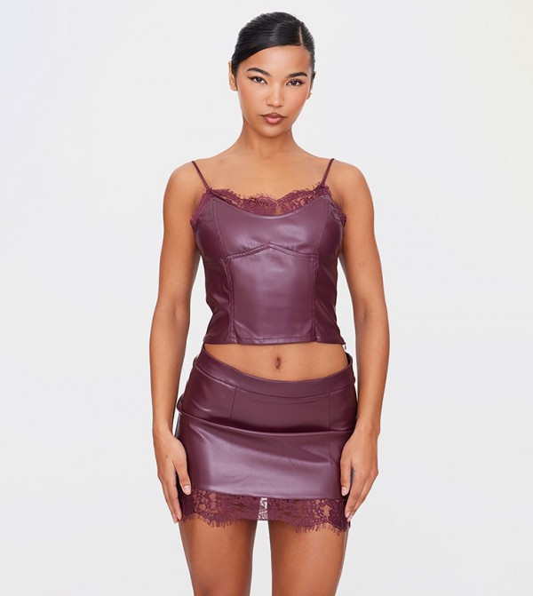 Matte Faux Leather Lace Trim Cami Crop Top