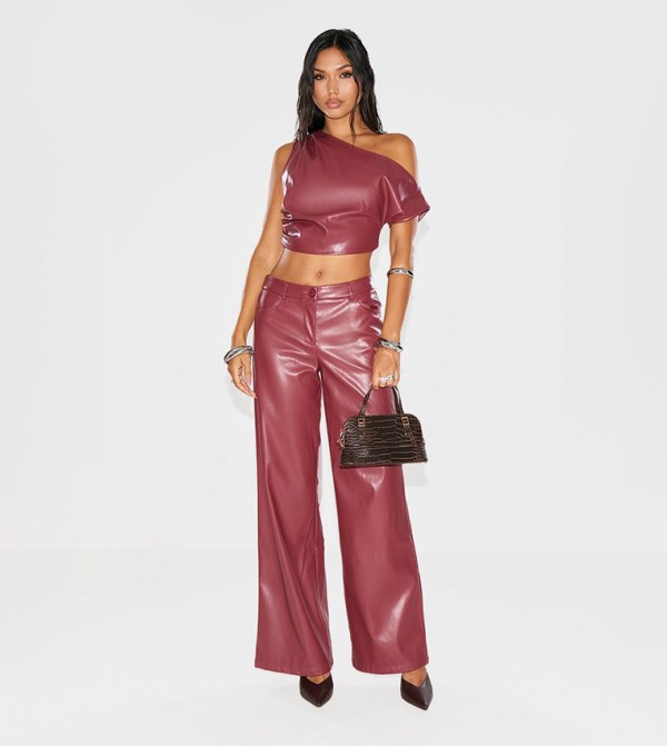 Faux Leather Wide Leg Low Rise Trousers