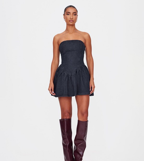 Lace Up Back Denim Puffball Dress