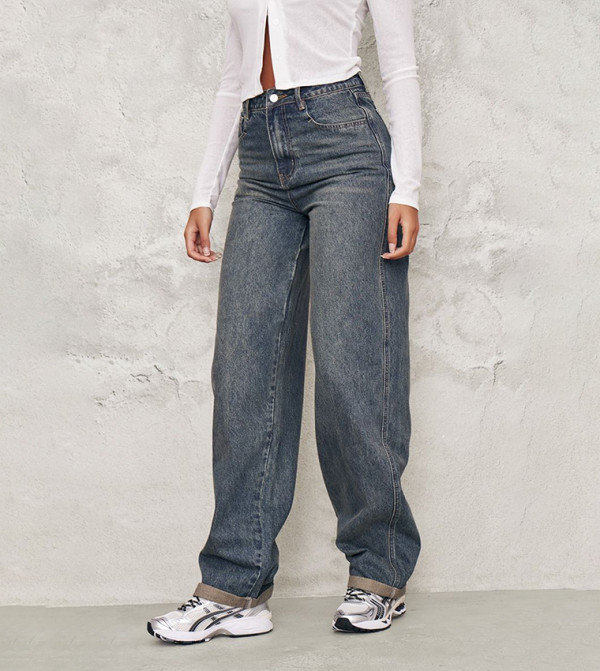 Tall Vintage Wash High Waist Turn Up Hem Barrel Fit Jeans