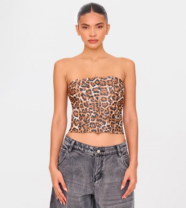 Faux Leather Leopard Print Studded Crop Corset Top