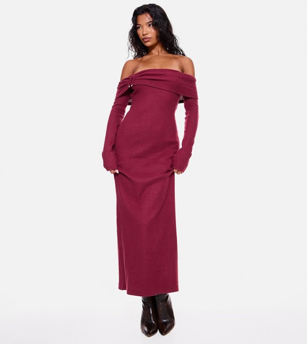 Heavy Brushed Ribbed Bardot Trim Maxi Dress