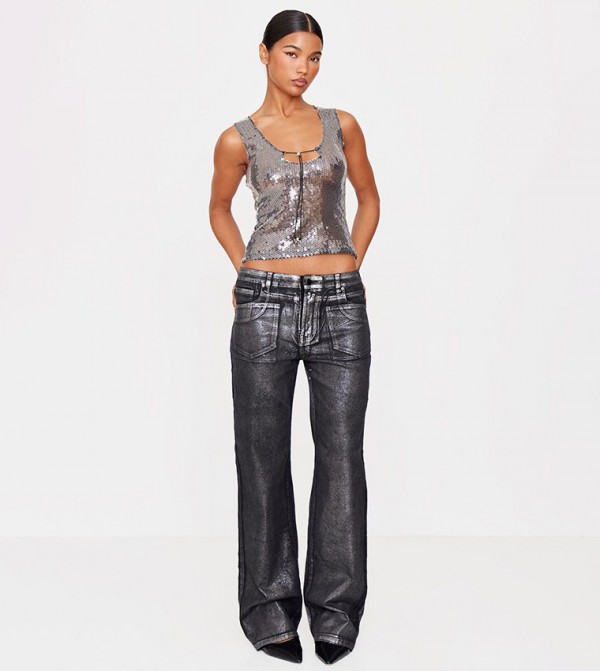 Metallic Effect Low Rise Wide Leg Jeans