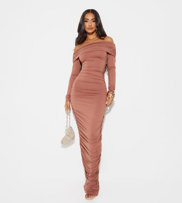 Petite Soft Touch Ruched Bardot Maxi Dress
