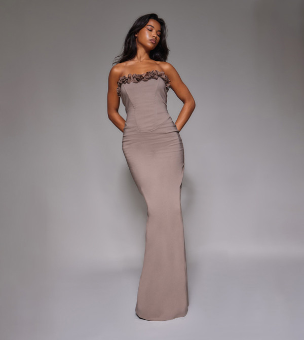 Stretch Woven Rosette Bandeau Maxi Dress