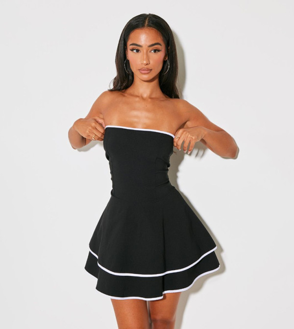Petite Stretch Contrast Tiered Shift Mini Dress