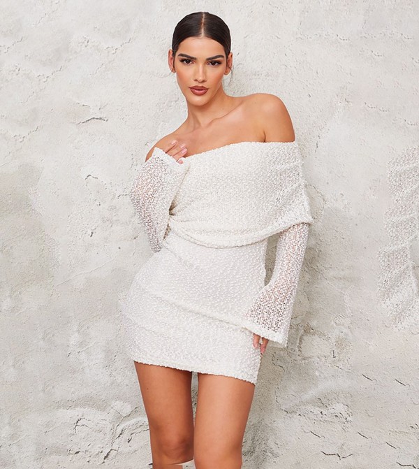 Textured Bardot Flared Long Sleeves Mini Dress