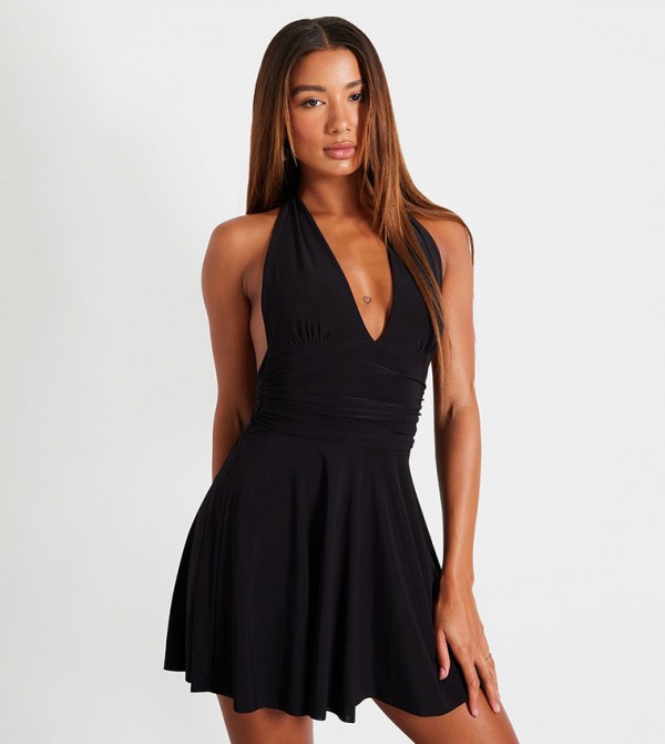 Double Layer Slinky Halterneck Tie Back Shift Mini Dress