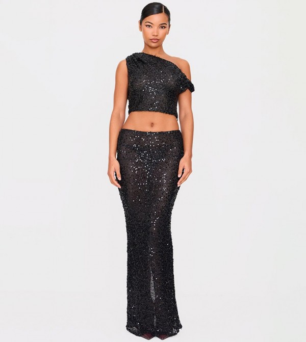 Sequin Textured Mid Rise Maxi Skirt