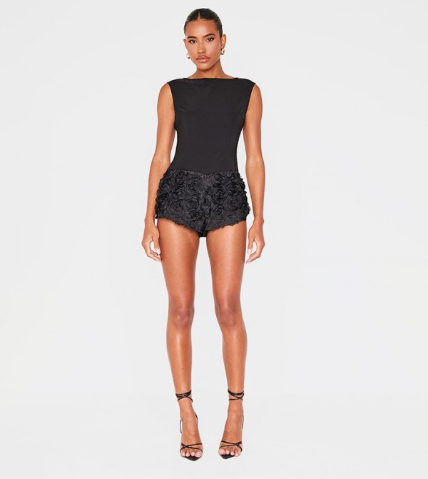 Woven Rose Applique Boat Neck Playsuit