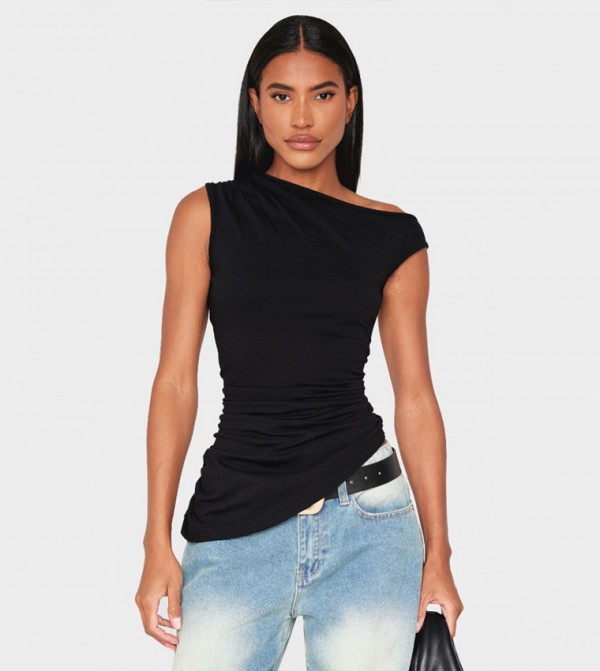 Asymmetric Shoulder Ruched Top