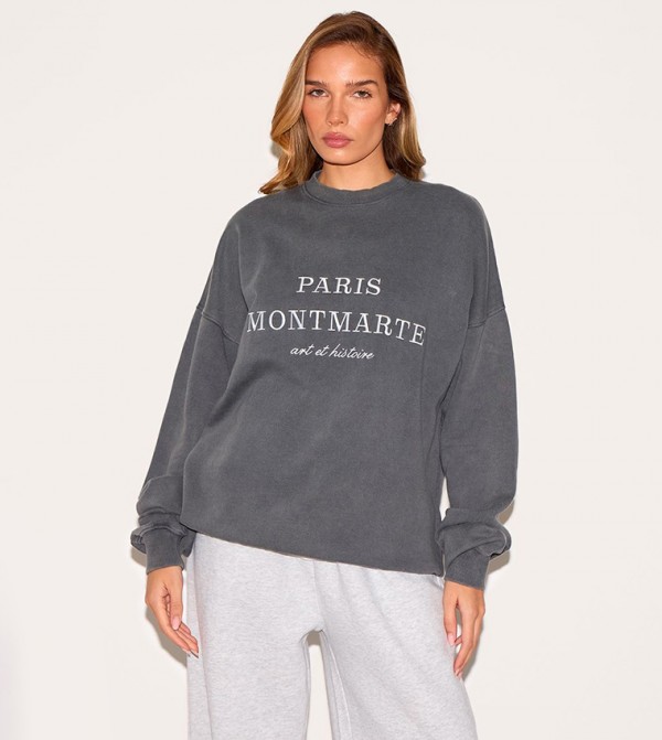 Washed Paris Montmartre Print Oversized Sweatshirt