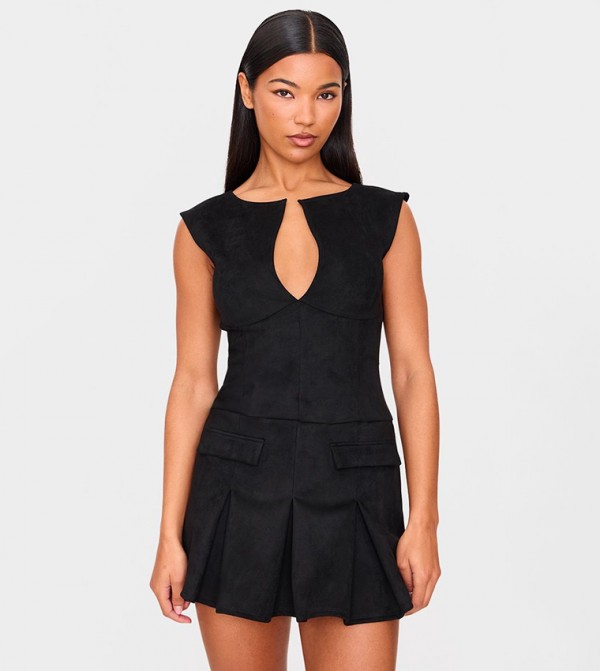 Faux Suede Pleated Pocket Detail Shift Mini Dress