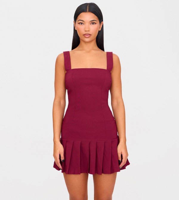 Solid Pleated Shift Mini Dress
