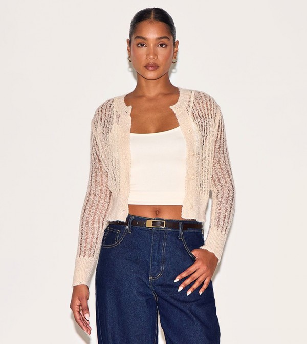 Ladder Knit Sheer Button Up Cardigan