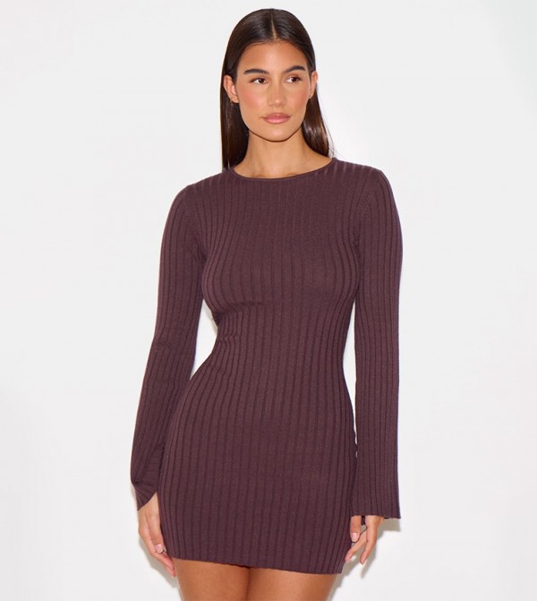 Ribbed Long Sleeves Knit Mini Dress